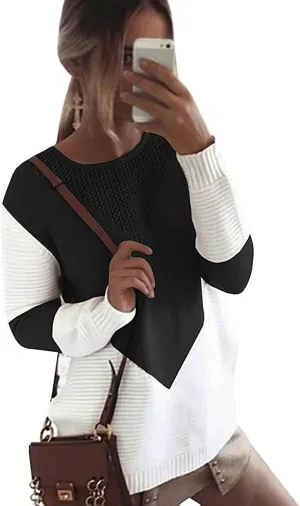 shermie Women's Colorblock Sweaters Long Sleeve Crew Neck Cable Knit Loose Casual Pullover