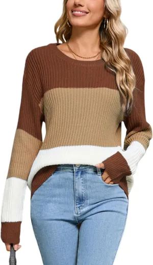 shermie Women's Colorblock Sweaters Long Sleeve Crew Neck Cable Knit Loose Casual Pullover