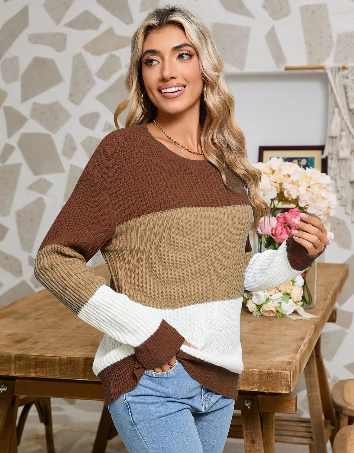 shermie Women's Colorblock Sweaters Long Sleeve Crew Neck Cable Knit Loose Casual Pullover
