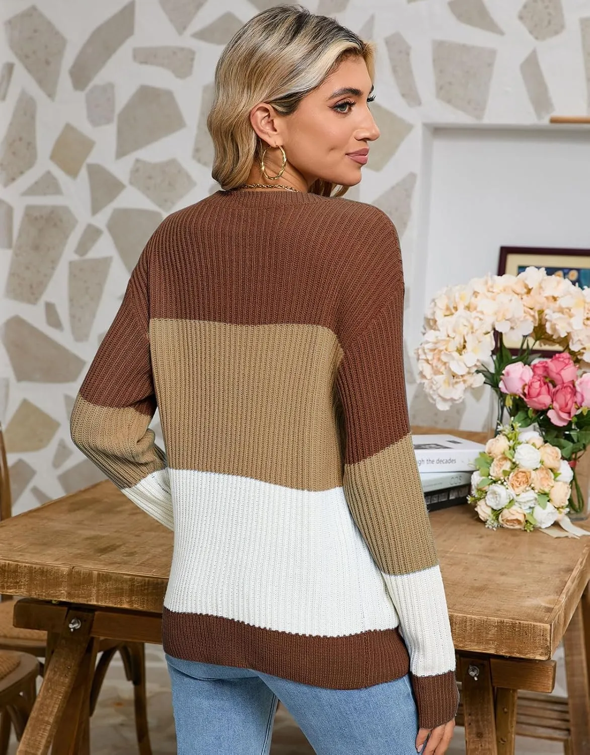 shermie Women's Colorblock Sweaters Long Sleeve Crew Neck Cable Knit Loose Casual Pullover