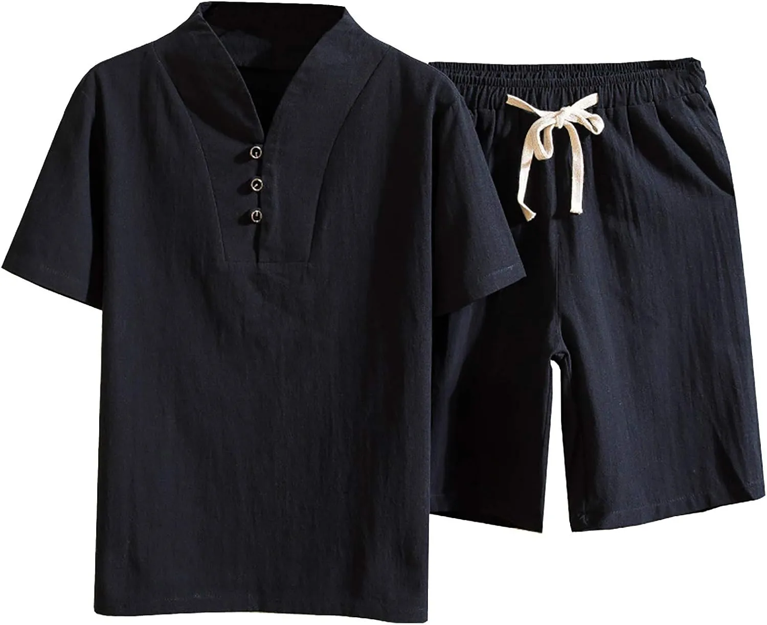 Sinzelimin Mens Casual Tops Shorts Suit Summer Outfit Cotton Linen Plus Size Short-Sleeved T-Shirt Short Pant 2 Piece Set
