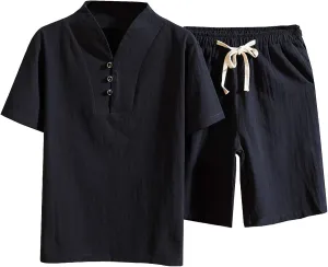 Sinzelimin Mens Casual Tops Shorts Suit Summer Outfit Cotton Linen Plus Size Short-Sleeved T-Shirt Short Pant 2 Piece Set