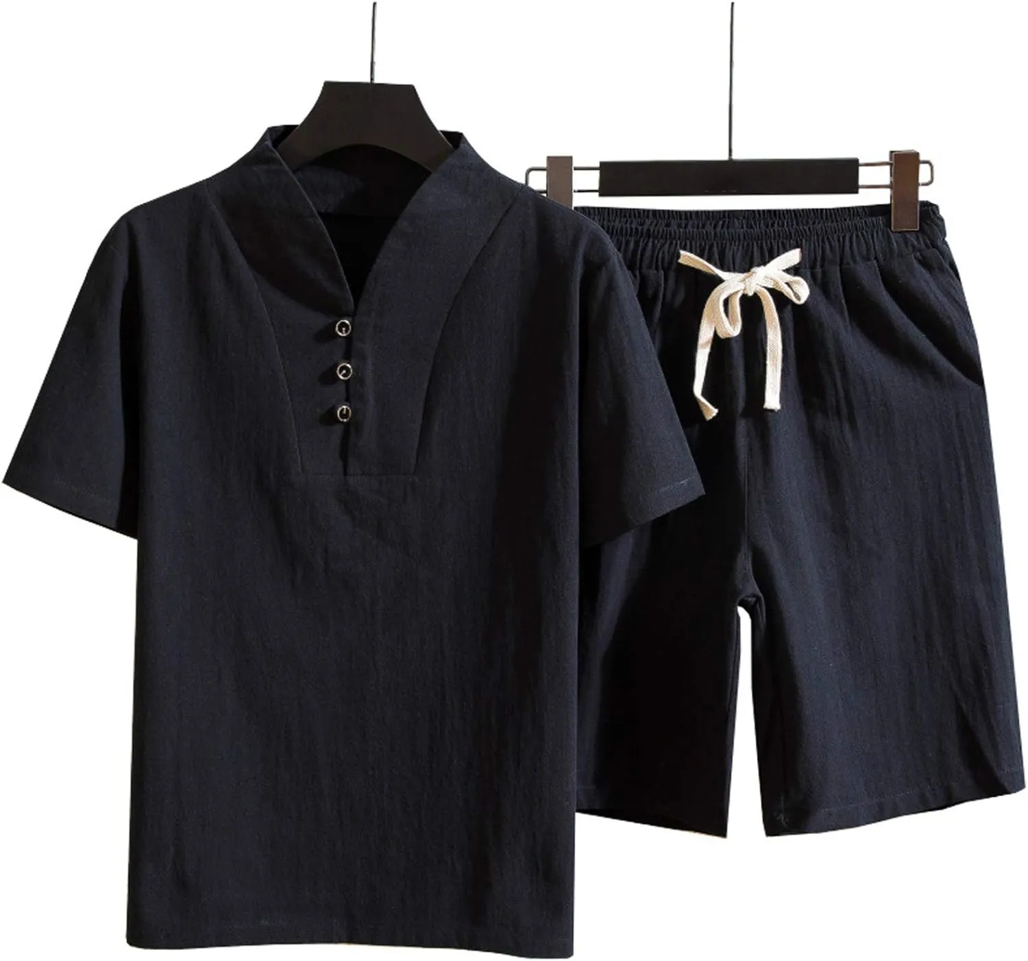 Sinzelimin Mens Casual Tops Shorts Suit Summer Outfit Cotton Linen Plus Size Short-Sleeved T-Shirt Short Pant 2 Piece Set