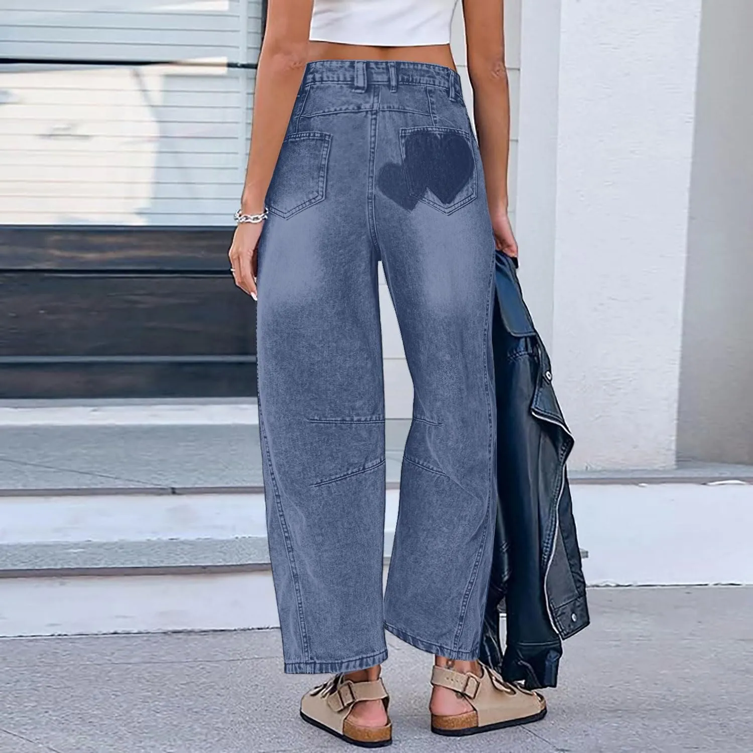 Straight Leg Jeans for Women High Waist Heart Printed Baggy Denim Pants Vintage Seam Front Wide Leg Jeans