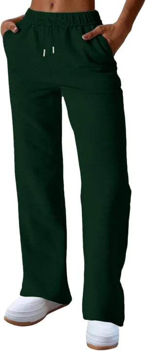 Straight Leg Sweatpants for Women Fleece Wide Leg Drawstring Trousers High Waisted Athletic Joggers with Pockets