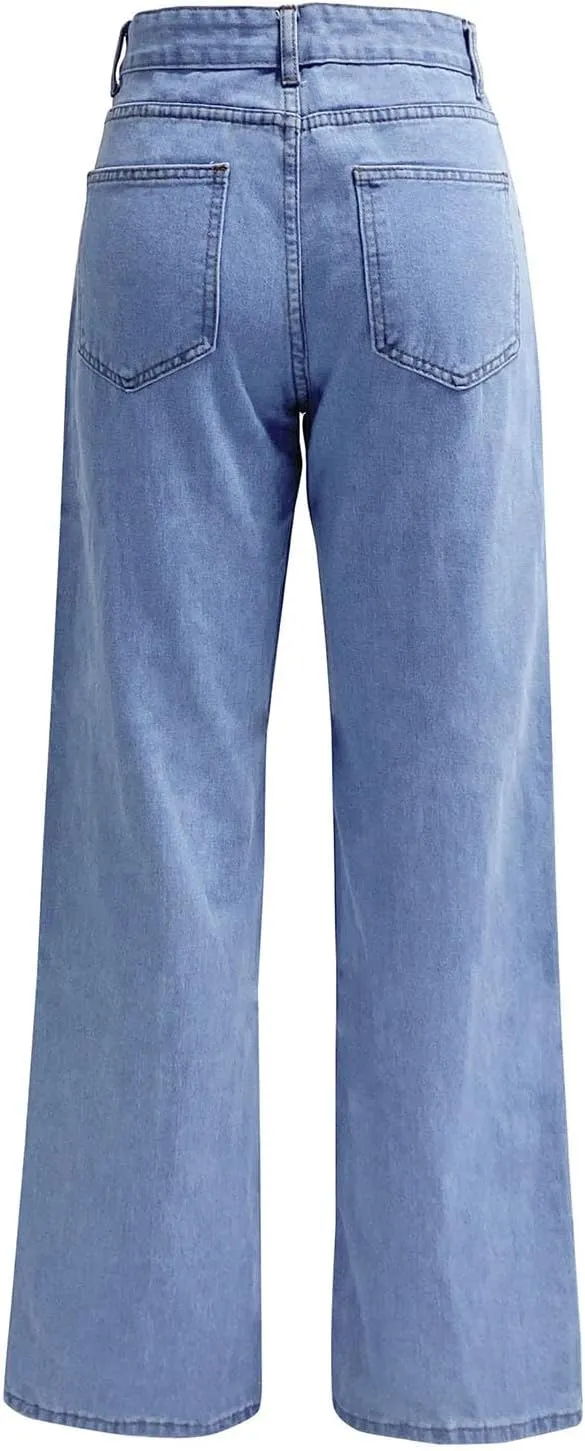 Stretchy Wide Leg Jeans for Women Baggy Button High Waist Curvy Denim Pants Y2K Trendy Soft Comfy Straight Mom Jeans