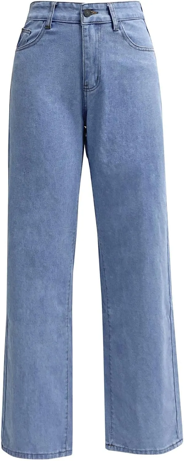 Stretchy Wide Leg Jeans for Women Baggy Button High Waist Curvy Denim Pants Y2K Trendy Soft Comfy Straight Mom Jeans