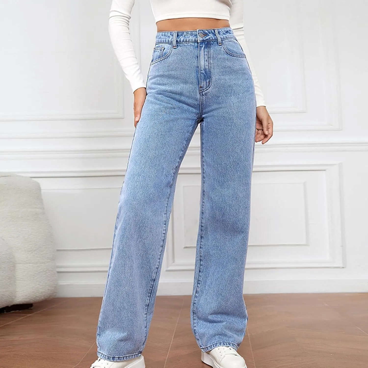 Stretchy Wide Leg Jeans for Women Baggy Button High Waist Curvy Denim Pants Y2K Trendy Soft Comfy Straight Mom Jeans