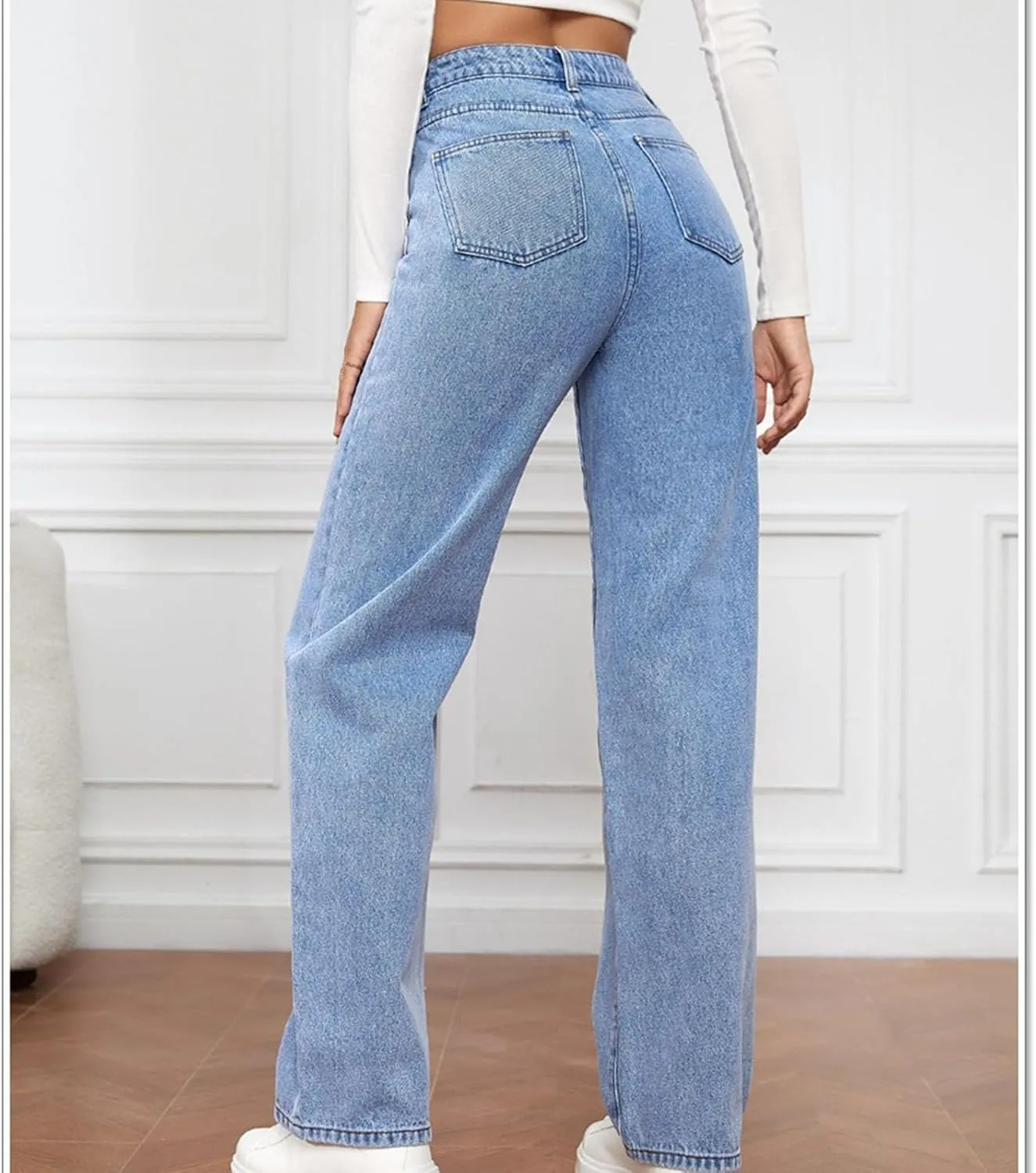 Stretchy Wide Leg Jeans for Women Baggy Button High Waist Curvy Denim Pants Y2K Trendy Soft Comfy Straight Mom Jeans