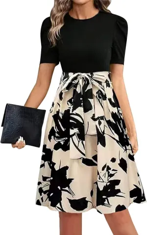 Summer Dresses for Women 2025 Floral Print Wrap Short Sleeve Midi Dress Patchwork Ruffle Hem A Line Dress