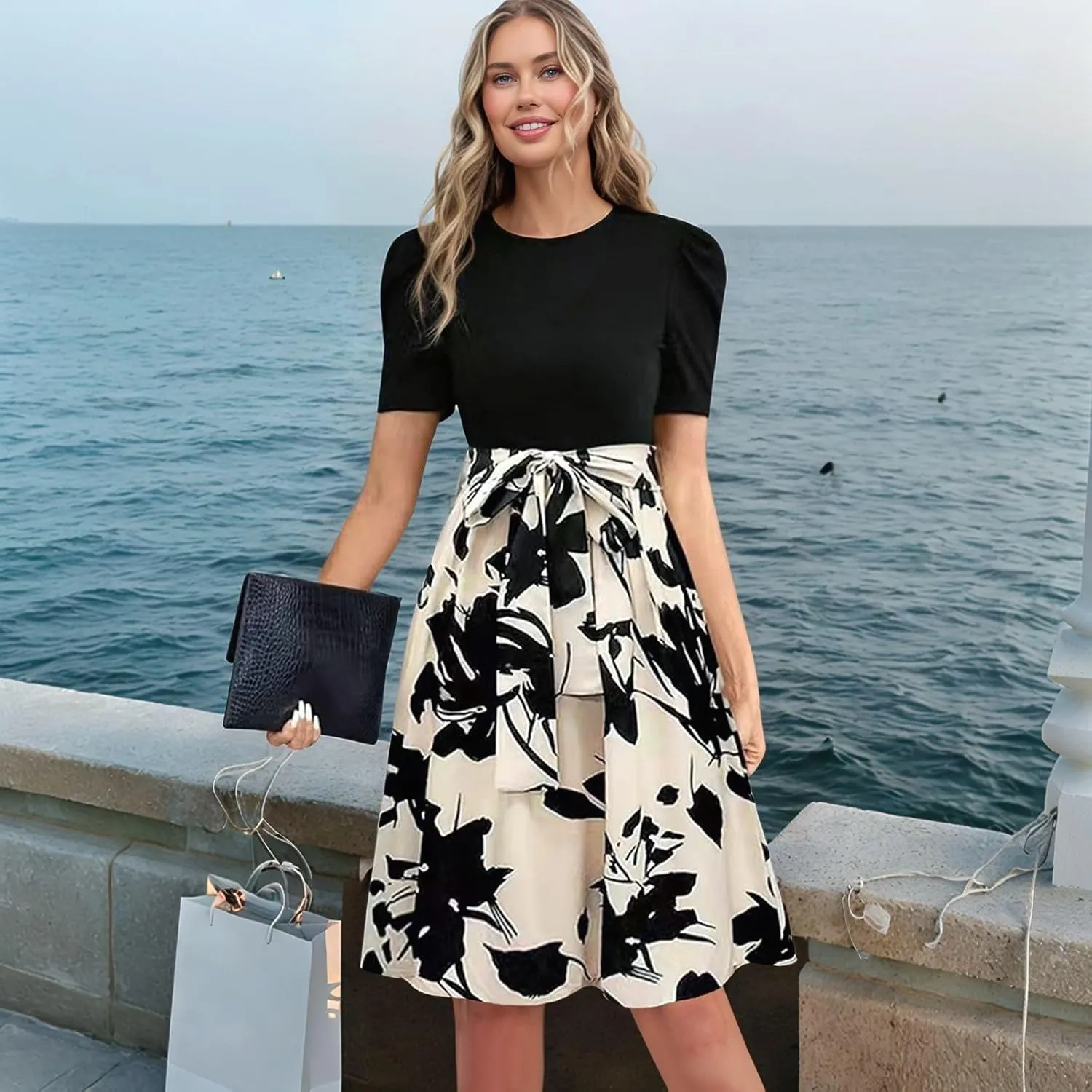 Summer Dresses for Women 2025 Floral Print Wrap Short Sleeve Midi Dress Patchwork Ruffle Hem A Line Dress
