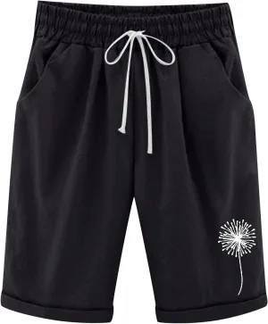 Summer Knee Length Shorts for Women Cotton Linen Bermuda Shorts Elastic Waist Workout Shorts Loose Beach Shorts, Blue