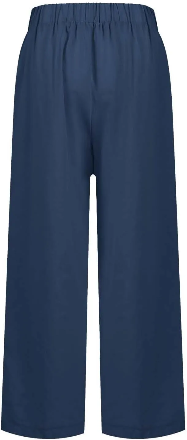 Summer Pants for Women 2024 Casual Dressy Linen Beach Drawstring Capri Crop Pants 2024 Elastic Waist Crop Trousers