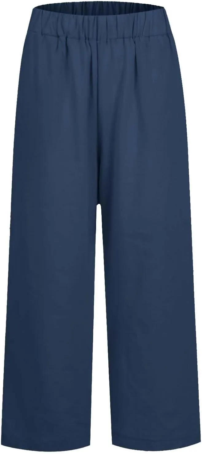 Summer Pants for Women 2024 Casual Dressy Linen Beach Drawstring Capri Crop Pants 2024 Elastic Waist Crop Trousers