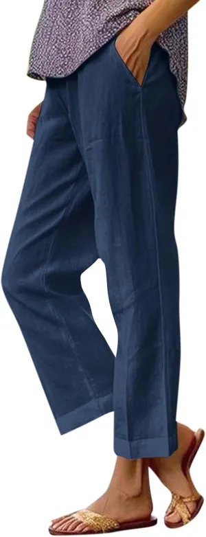 Summer Pants for Women 2024 Casual Dressy Linen Beach Drawstring Capri Crop Pants 2024 Elastic Waist Crop Trousers