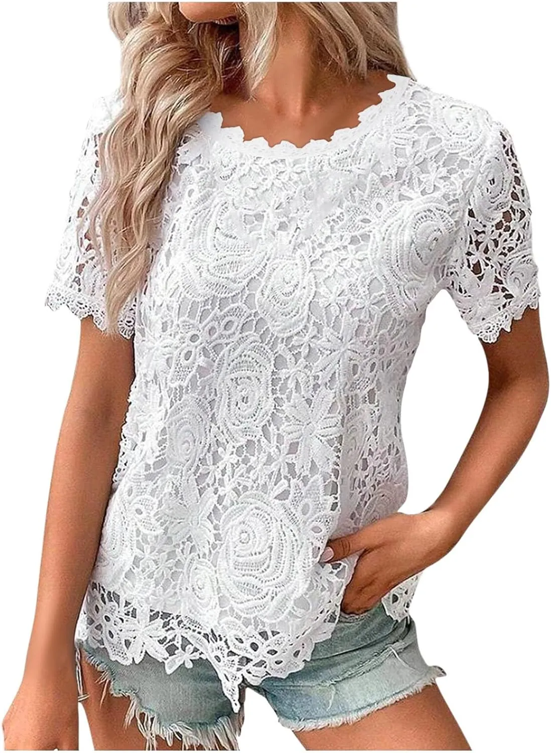 Summer Tops for Women 2024 Lace Crochet Embroidery Crewneck T Shirts Dressy Casual Short Sleeve Elegant Work Blouses