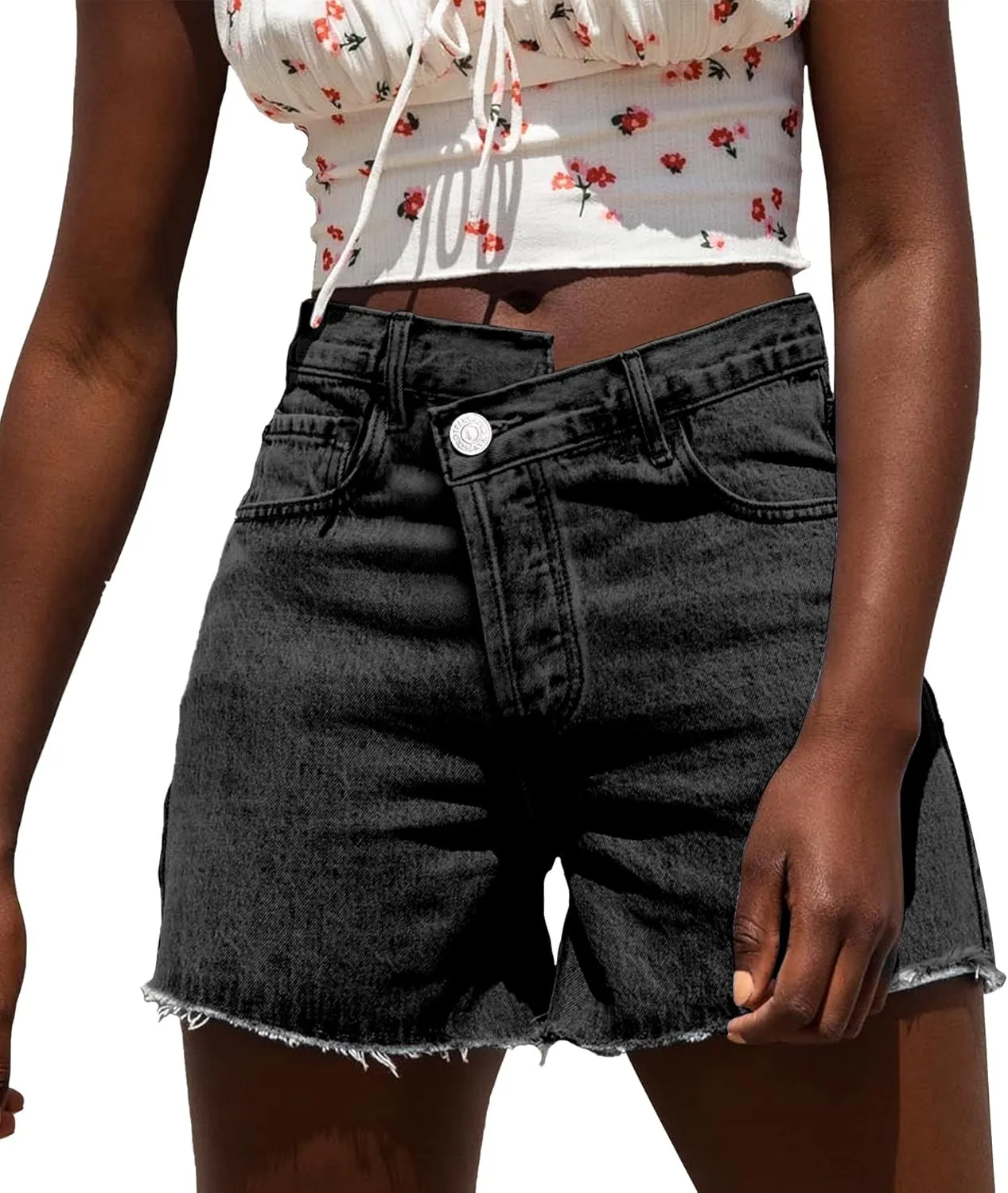 Susupeng Women Asymmetric Criss Crossover High Waist Summer Denim Shorts Stretchy Casual Raw Cut Hem Jeans Shorts