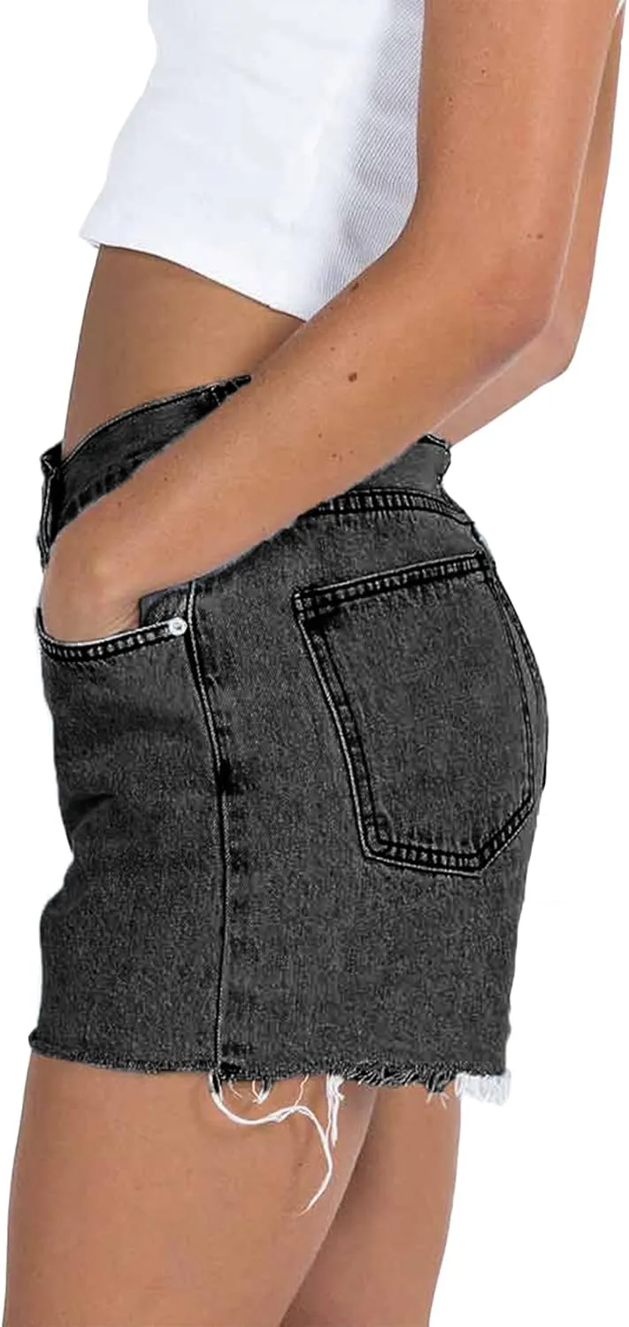 Susupeng Women Asymmetric Criss Crossover High Waist Summer Denim Shorts Stretchy Casual Raw Cut Hem Jeans Shorts