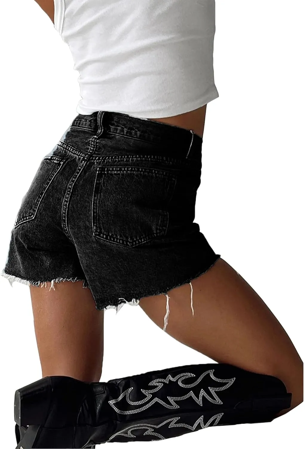 Susupeng Women Asymmetric Criss Crossover High Waist Summer Denim Shorts Stretchy Casual Raw Cut Hem Jeans Shorts