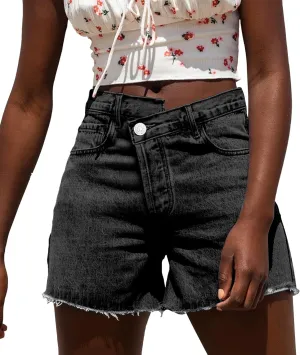 Susupeng Women Asymmetric Criss Crossover High Waist Summer Denim Shorts Stretchy Casual Raw Cut Hem Jeans Shorts