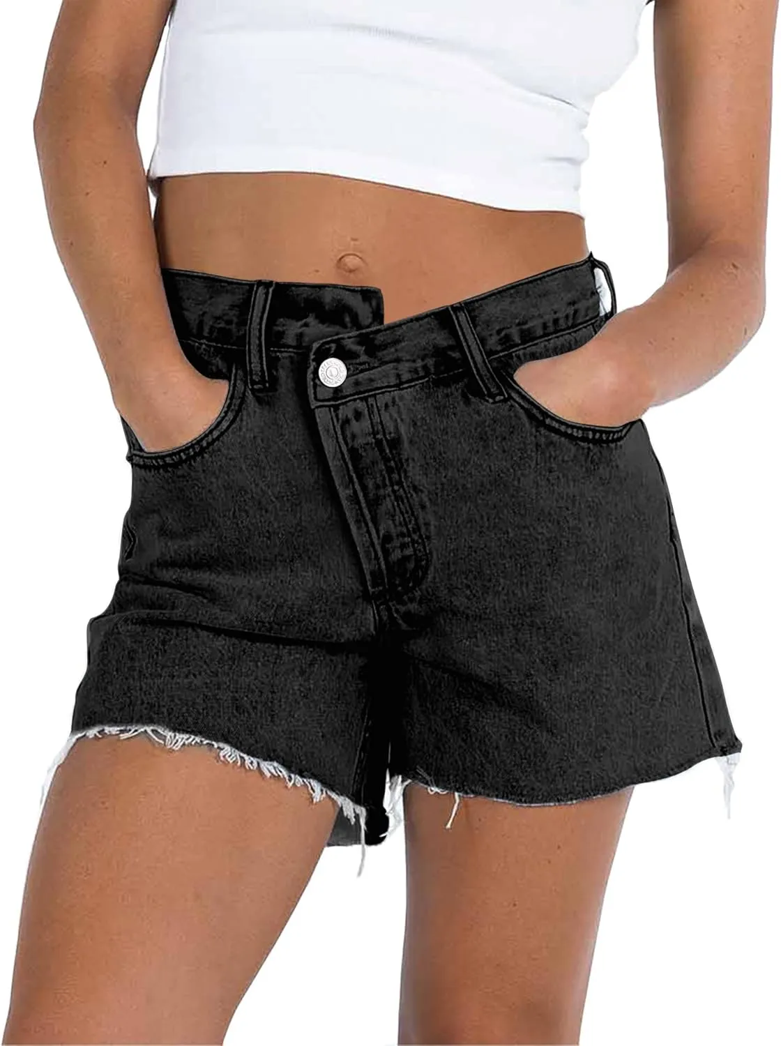 Susupeng Women Asymmetric Criss Crossover High Waist Summer Denim Shorts Stretchy Casual Raw Cut Hem Jeans Shorts