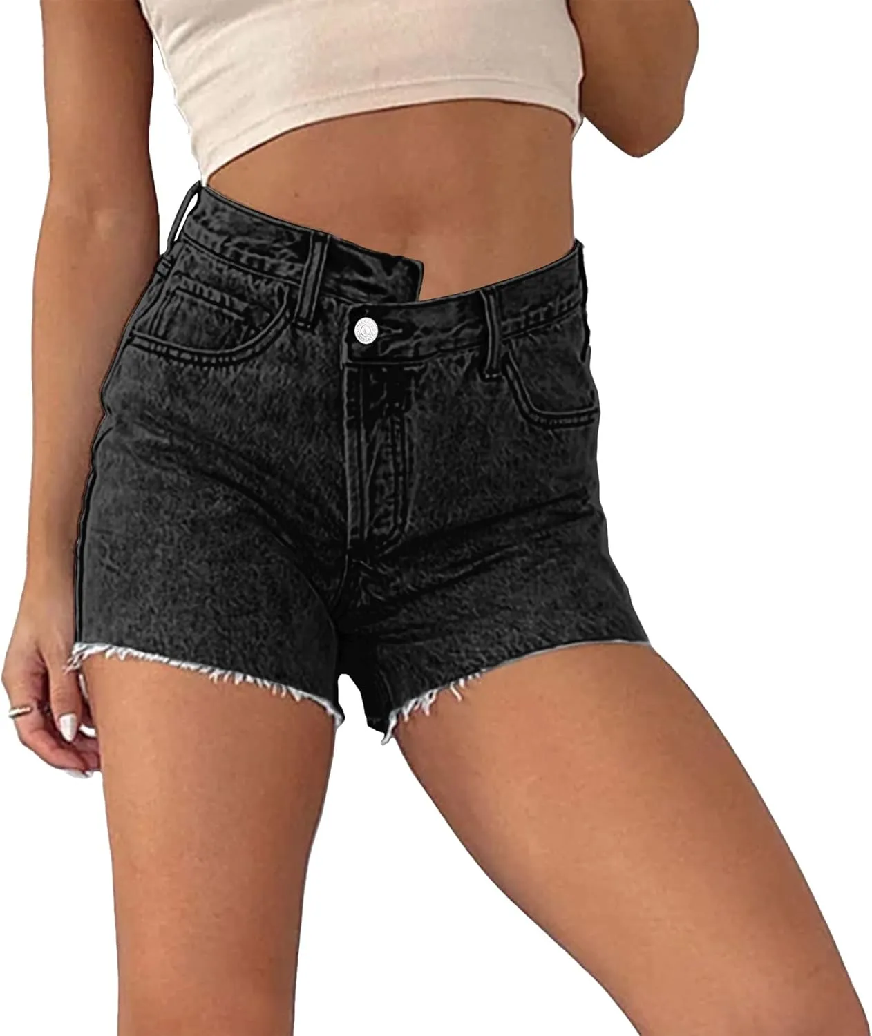Susupeng Women Asymmetric Criss Crossover High Waist Summer Denim Shorts Stretchy Casual Raw Cut Hem Jeans Shorts