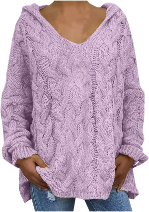 Sweater Hoodies for Women Sexy V Neck Cable Knit Sweater Fashion Long Sleeves Loose Oversize Pullovers Tops