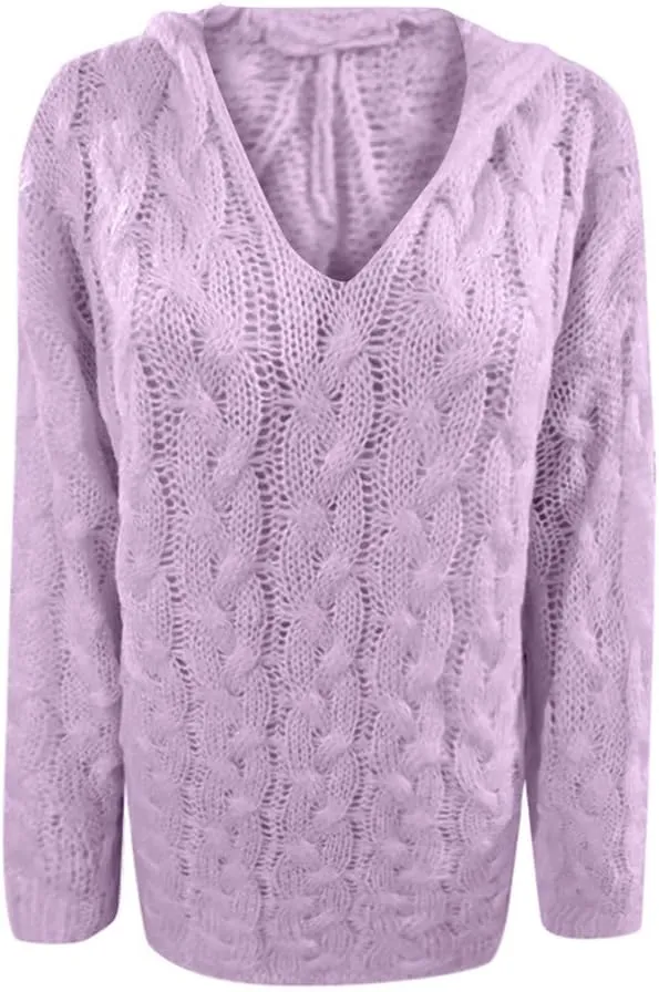 Sweater Hoodies for Women Sexy V Neck Cable Knit Sweater Fashion Long Sleeves Loose Oversize Pullovers Tops