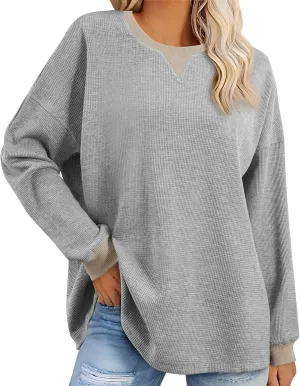 Sweatshirt Tunics for Women Loose Fit Crew Neck Waffle t-Shirts Solid Color Pullover Tops Basic Trendy Clothes 2024