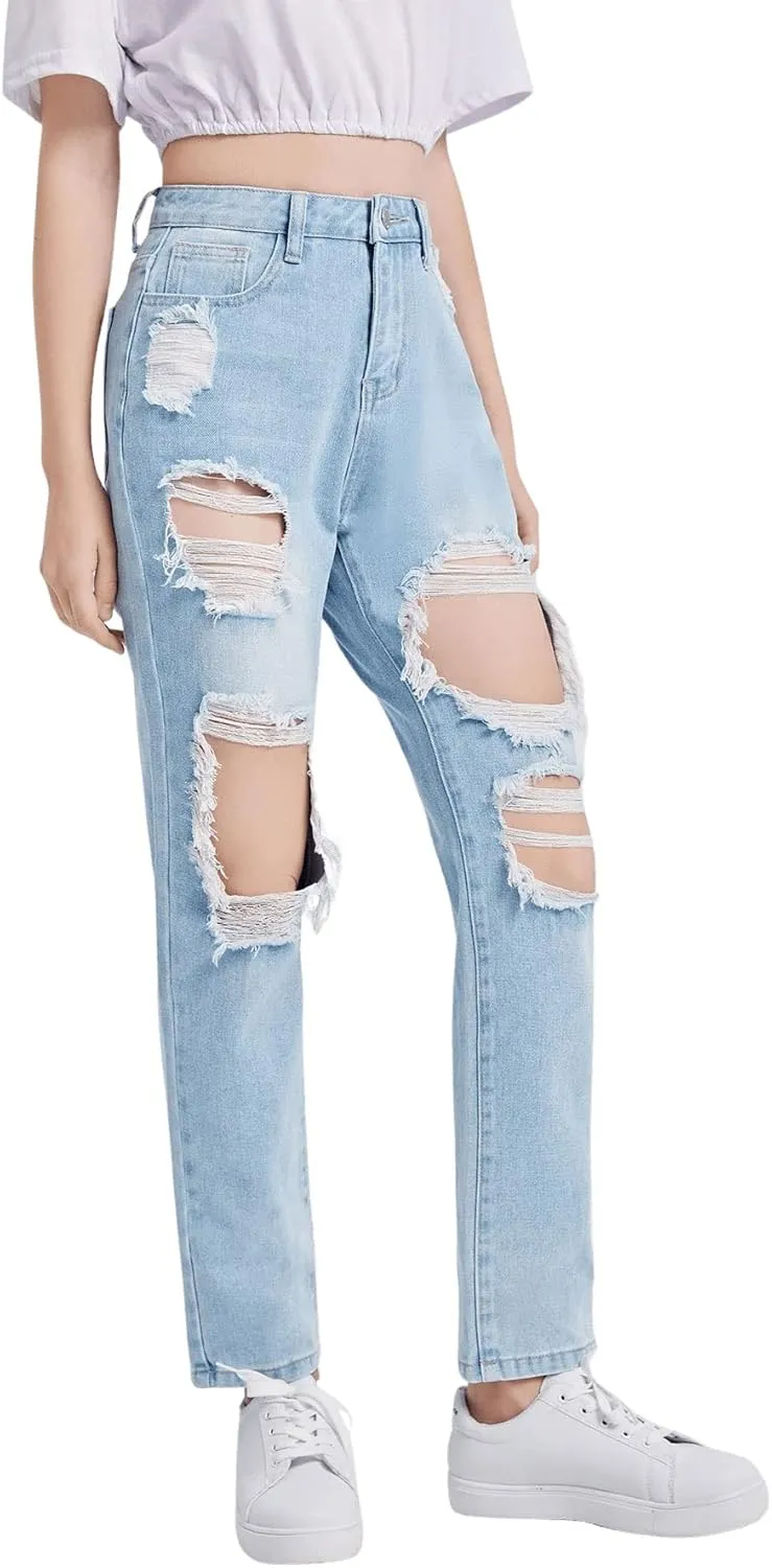 SweatyRocks Teen Girl's High Waisted Straight Leg Ripped Jeans Washed Denim Pants with Pockets