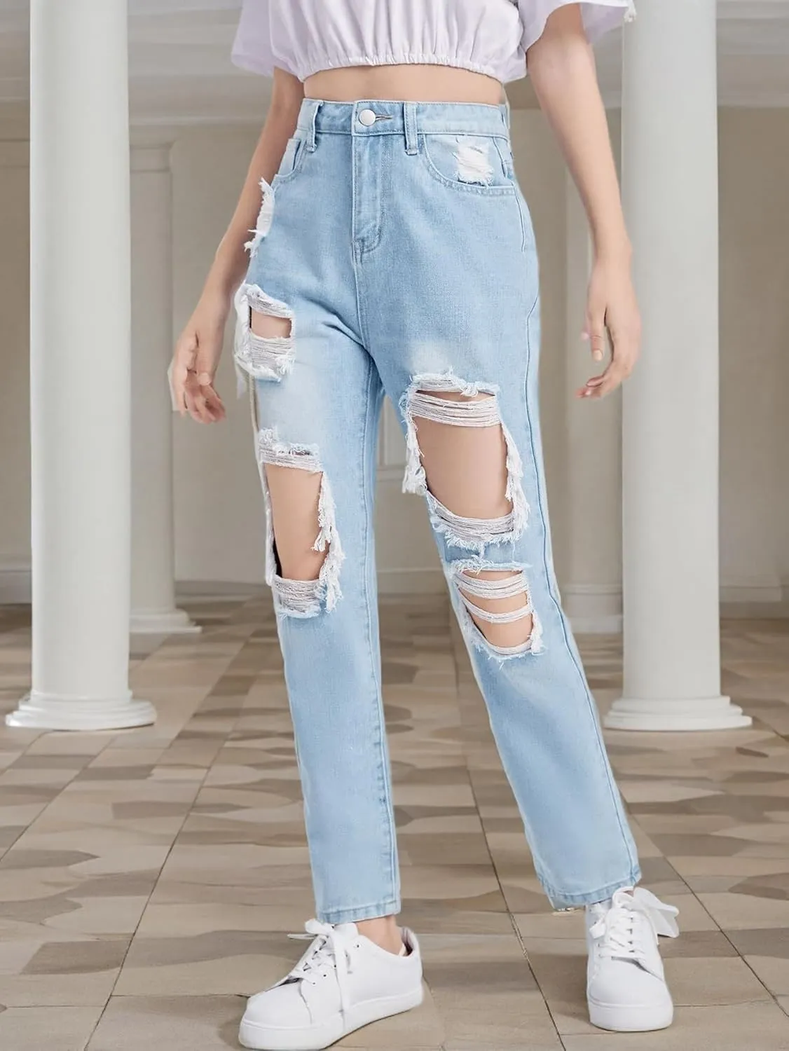 SweatyRocks Teen Girl's High Waisted Straight Leg Ripped Jeans Washed Denim Pants with Pockets