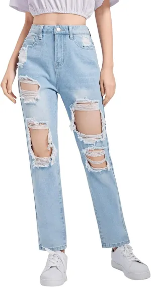 SweatyRocks Teen Girl's High Waisted Straight Leg Ripped Jeans Washed Denim Pants with Pockets