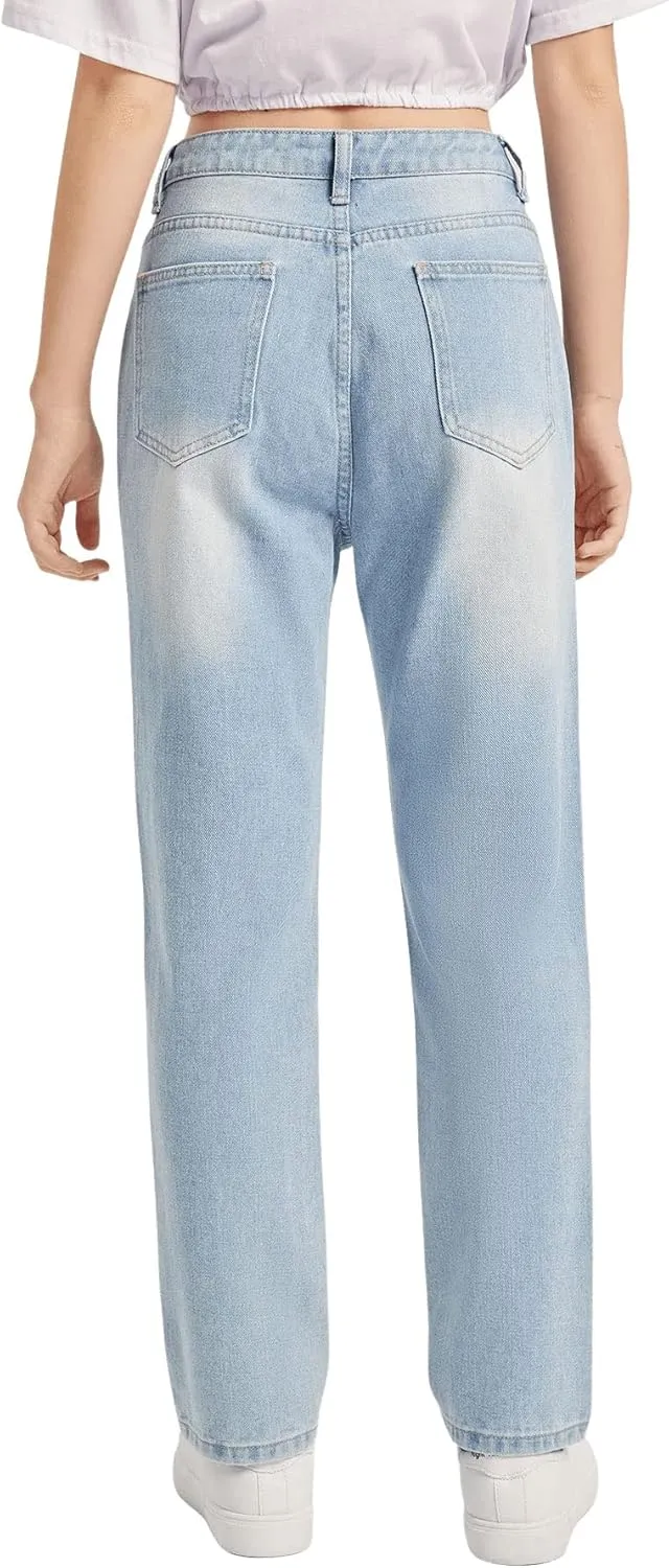 SweatyRocks Teen Girl's High Waisted Straight Leg Ripped Jeans Washed Denim Pants with Pockets
