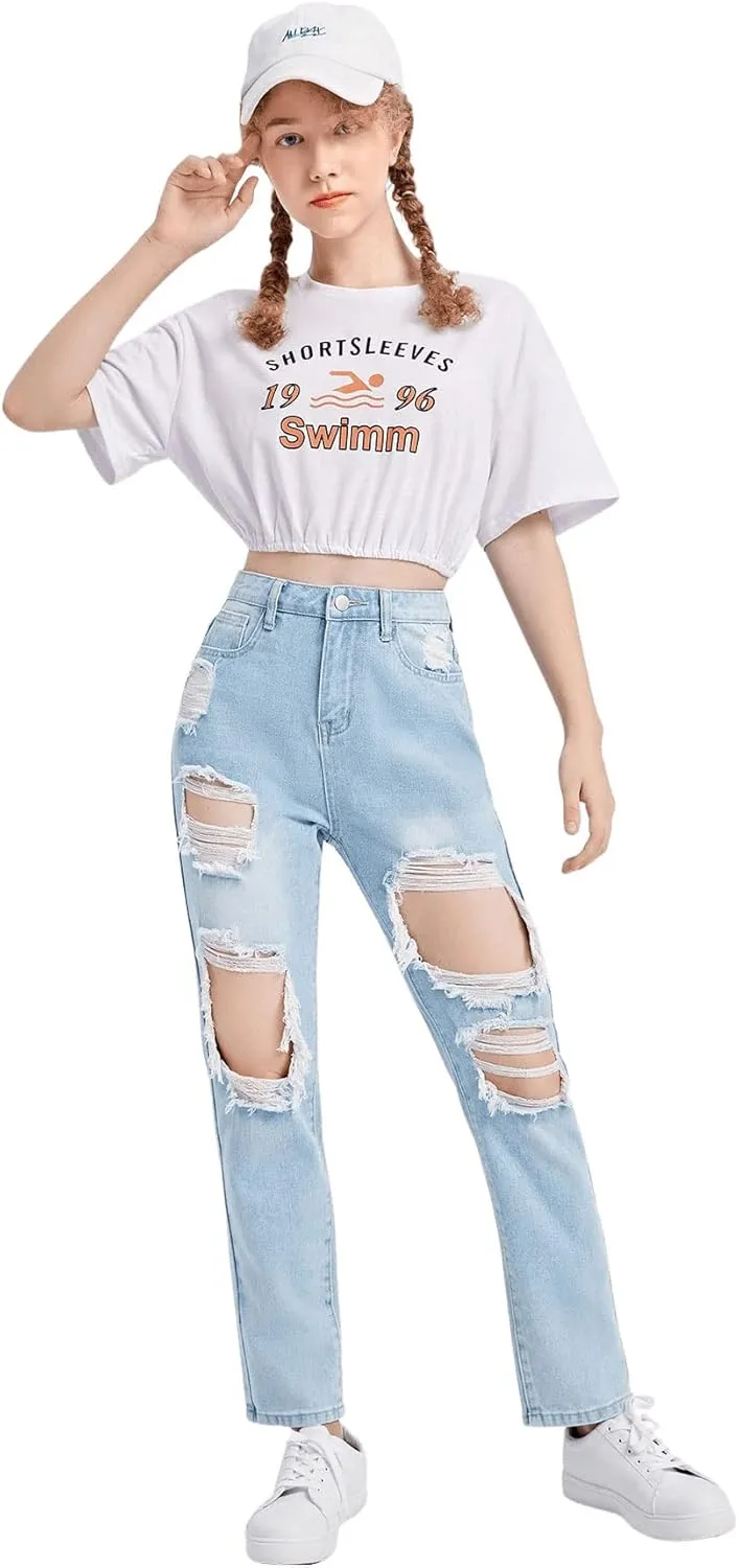 SweatyRocks Teen Girl's High Waisted Straight Leg Ripped Jeans Washed Denim Pants with Pockets