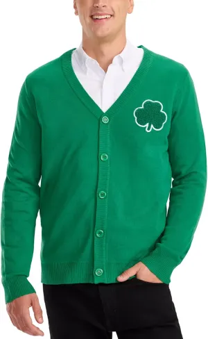 Tipsy Elves St. Patricks Day Mens Cardigan - Soft Knit Button-Up Sweater, Green - Lucky St Paddys Party Outfit