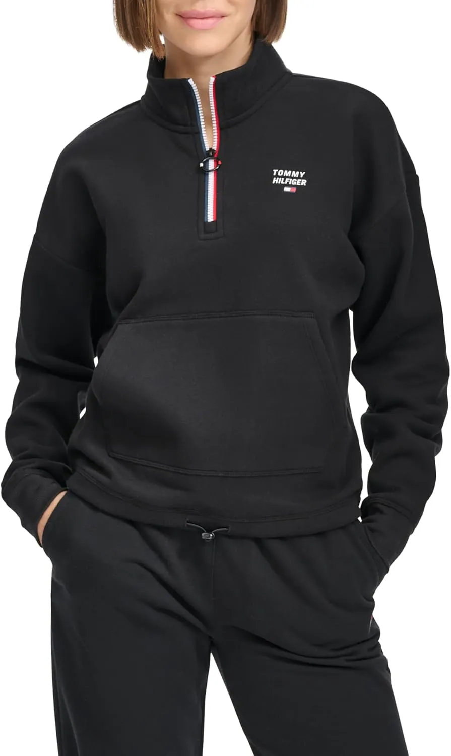 Tommy Hilfiger Women's Pockets Printed Logo Fleece Mock Neck Pullover