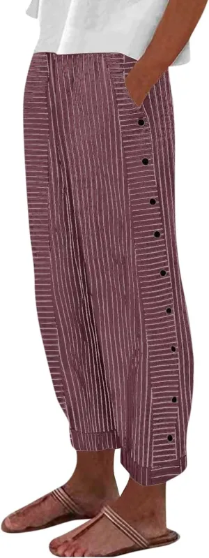TWGONE Women's Casual Pants Striped Side Button Elastic Waist Trendy Linen Pants Comfy Baggy Trousers with Pockets