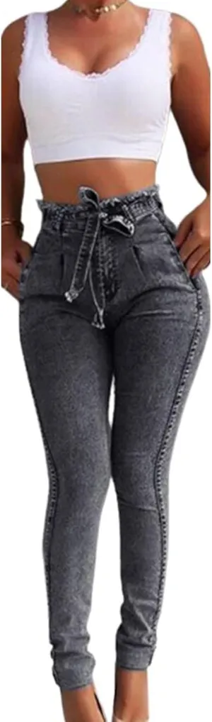 utcoco Womens High Waisted Skinny Jeans Distressed Frayed Stretchy Slim Fit Denim Pants with Belt