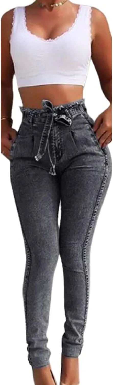utcoco Womens High Waisted Skinny Jeans Distressed Frayed Stretchy Slim Fit Denim Pants with Belt