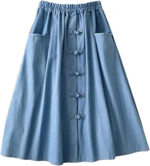 Vintage Denim Midi Skirt Women A Line High Waist Knee Length Jeans Skirt with Pocket