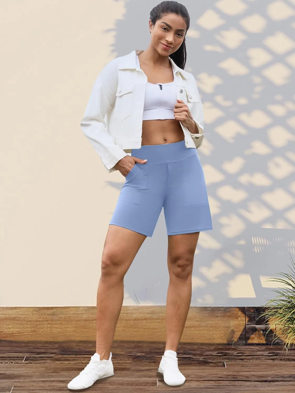 VOOVEEYA Women's Bermuda Shorts 7", High Waisted Athletic Shorts with Pockets Tummy Control for Casual Summer