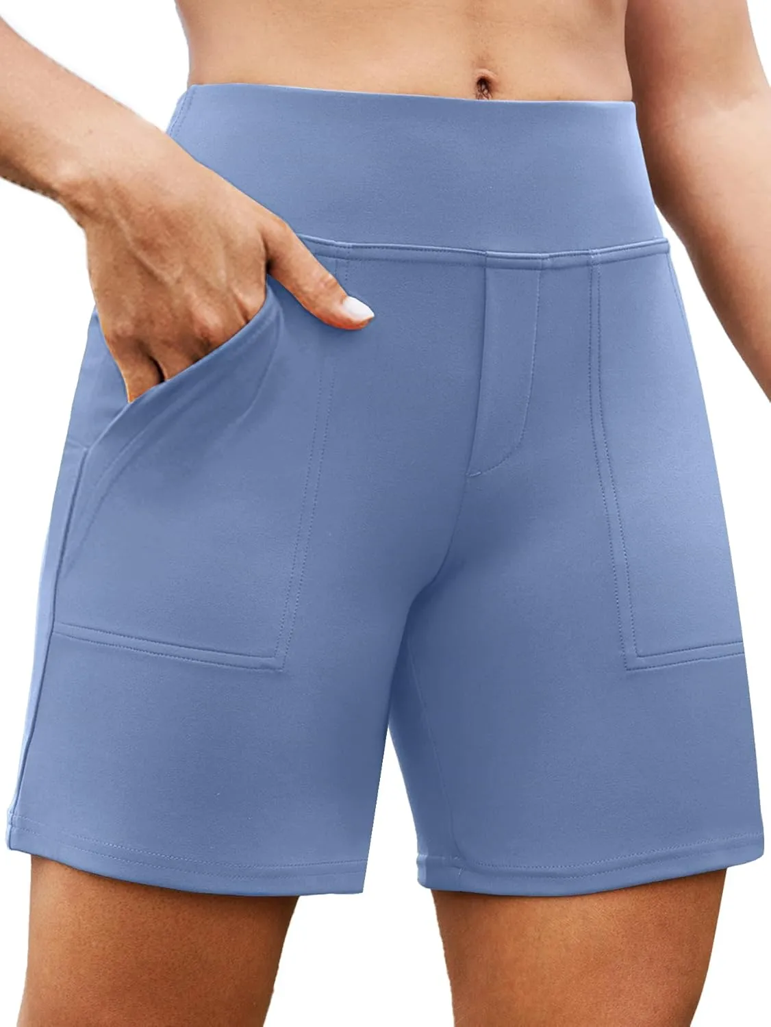 VOOVEEYA Women's Bermuda Shorts 7", High Waisted Athletic Shorts with Pockets Tummy Control for Casual Summer