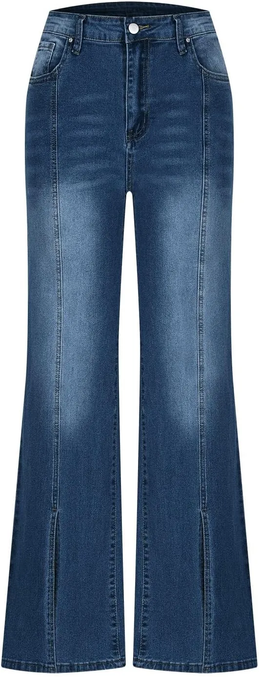 Wide Leg Jeans for Women 2025 Trendy High Waisted Stretch Front Split Hem Loose Fit Patchwork Flared Denim Pants