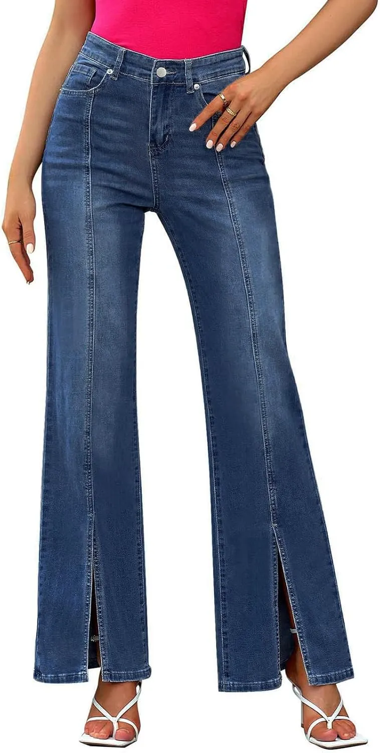 Wide Leg Jeans for Women 2025 Trendy High Waisted Stretch Front Split Hem Loose Fit Patchwork Flared Denim Pants