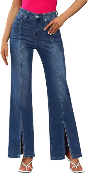 Wide Leg Jeans for Women 2025 Trendy High Waisted Stretch Front Split Hem Loose Fit Patchwork Flared Denim Pants