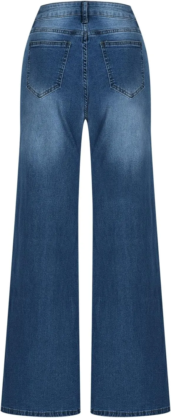 Wide Leg Jeans for Women 2025 Trendy High Waisted Stretch Front Split Hem Loose Fit Patchwork Flared Denim Pants