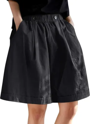 Wide Leg Shorts for Women 5" Baggy Front Button Elastic Waist Flowy Shorts Loose Lightweight Comfy Plus Size Short