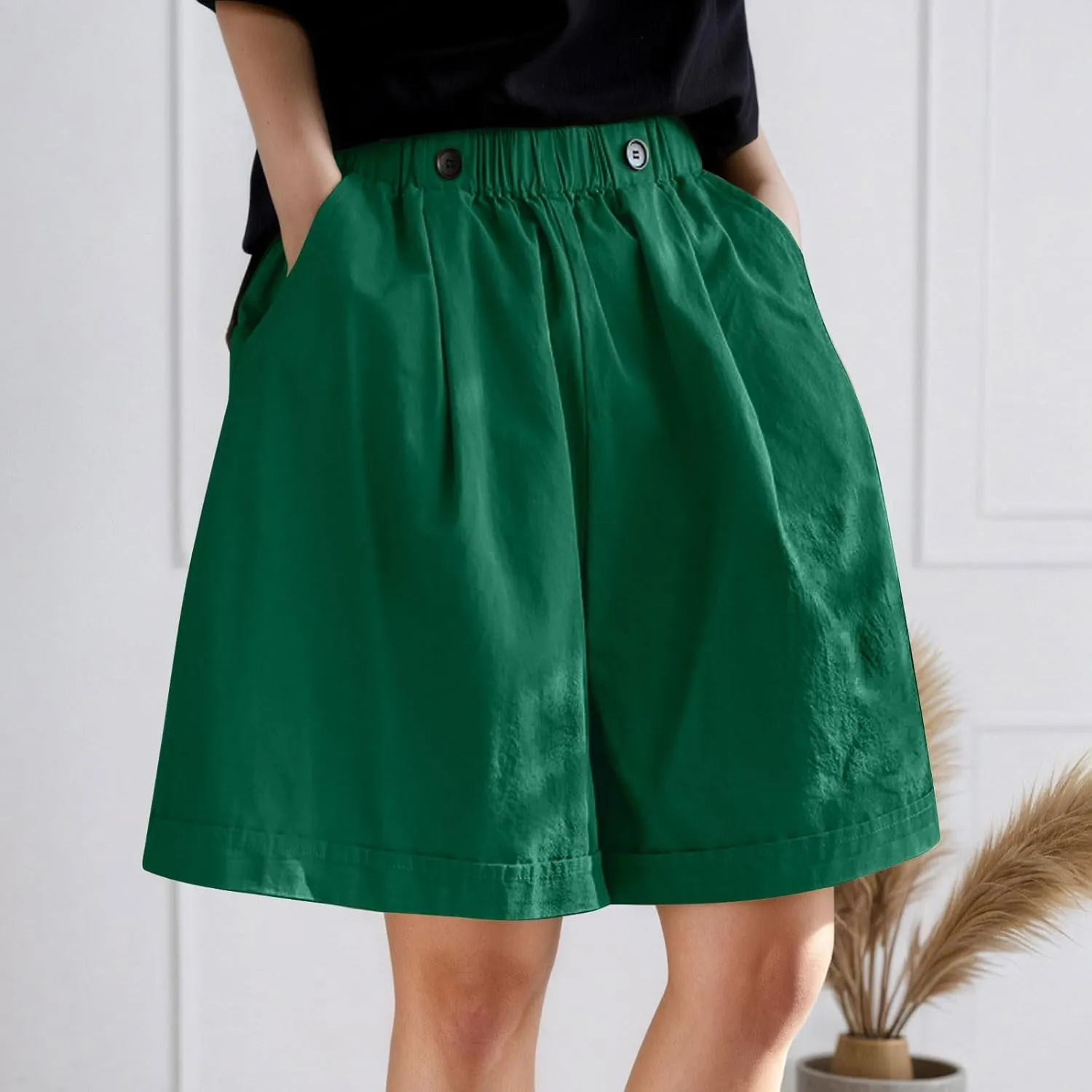 Wide Leg Shorts for Women 5" Baggy Front Button Elastic Waist Flowy Shorts Loose Lightweight Comfy Plus Size Short