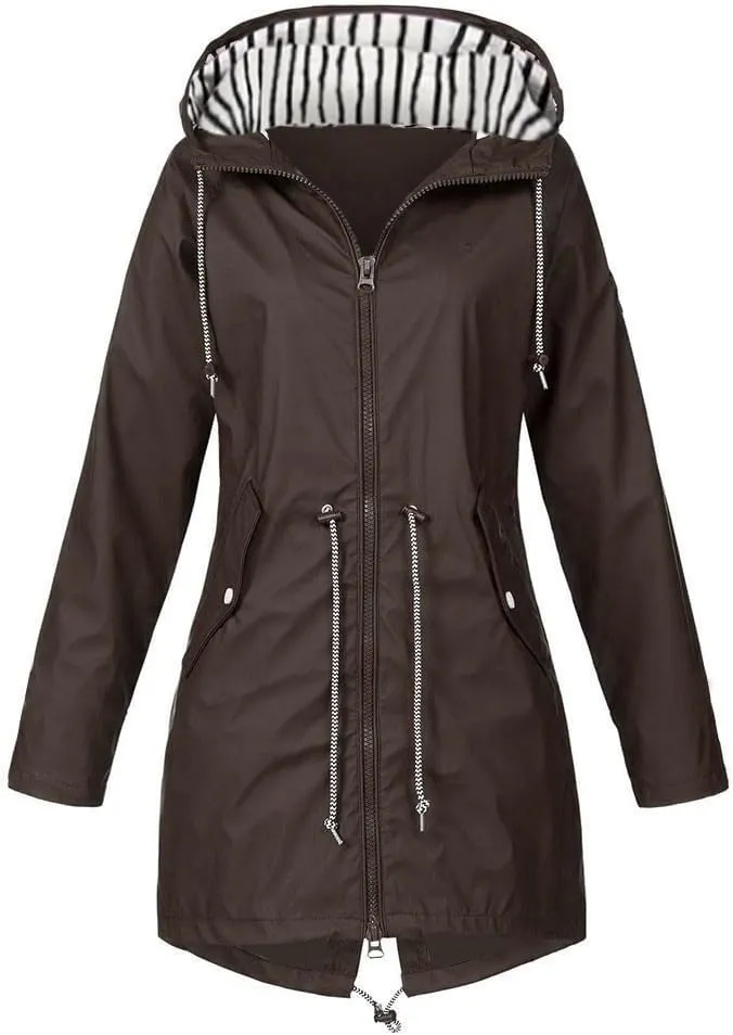 Wkishenl Lightweight Rain Jacket Women Plus Size Drawstring Hooded Windproof Rain Coats Lightweight Zip Trench Coat