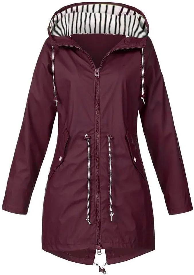 Wkishenl Lightweight Rain Jacket Women Plus Size Drawstring Hooded Windproof Rain Coats Lightweight Zip Trench Coat